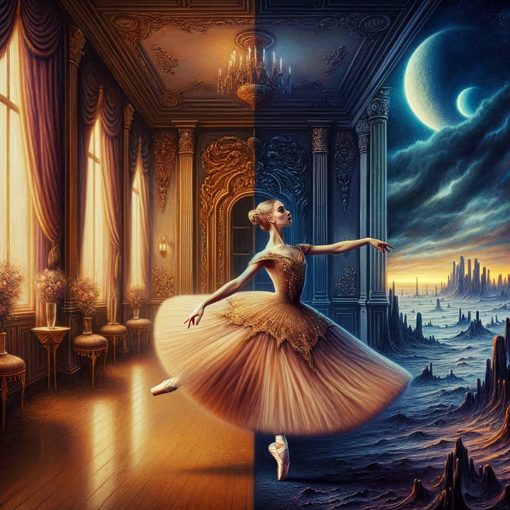 Surreal Ballet Dancer Between Worlds in Oil Paint Style