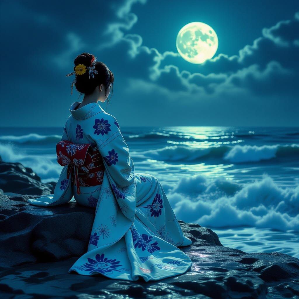 Japanese Mermaid on Rocks Under Moonlight