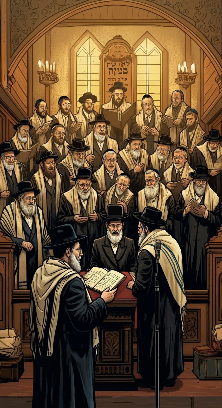 Hasidic Cantors Choir in Synagogue, Comic Style