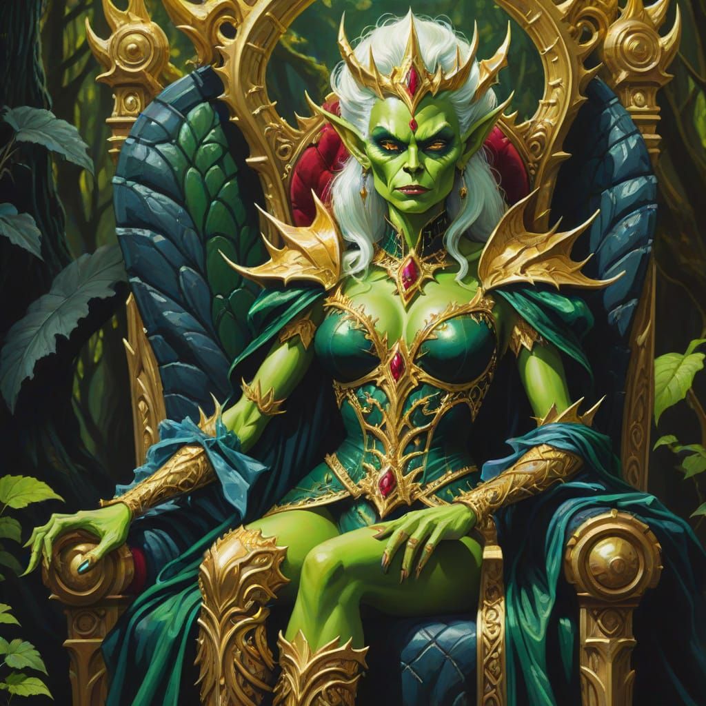 Goblin Queen Portrait in Gouache with Gold Accents
