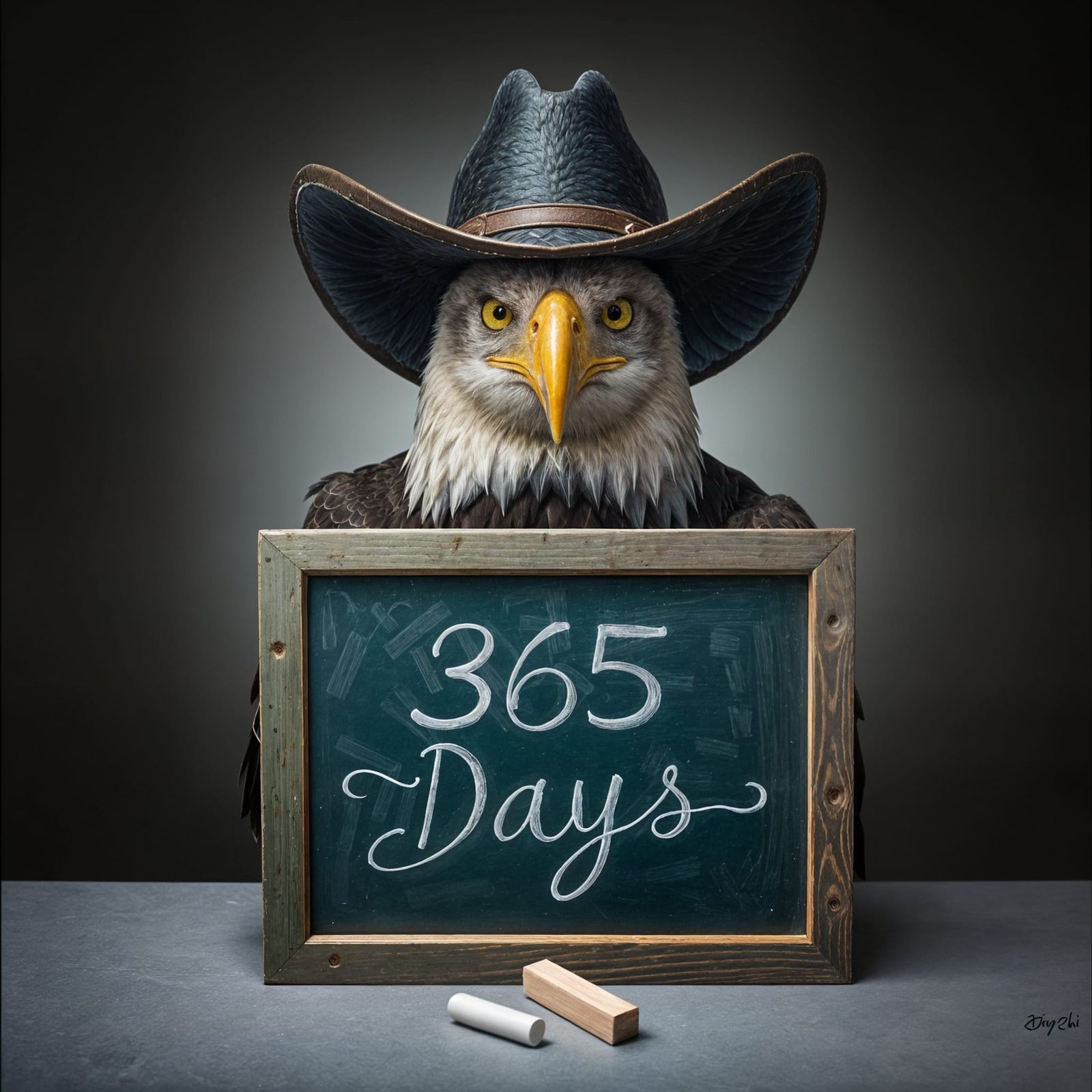 Bald Eagle Wears Cowboy Hat, Holding Elegant Chalkboard