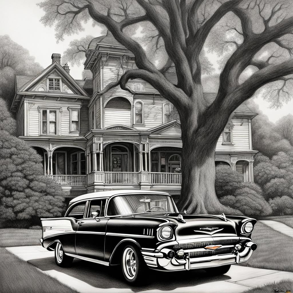 Classic 1957 Chevy Nomad: Hyperdetailed Charcoal Drawing