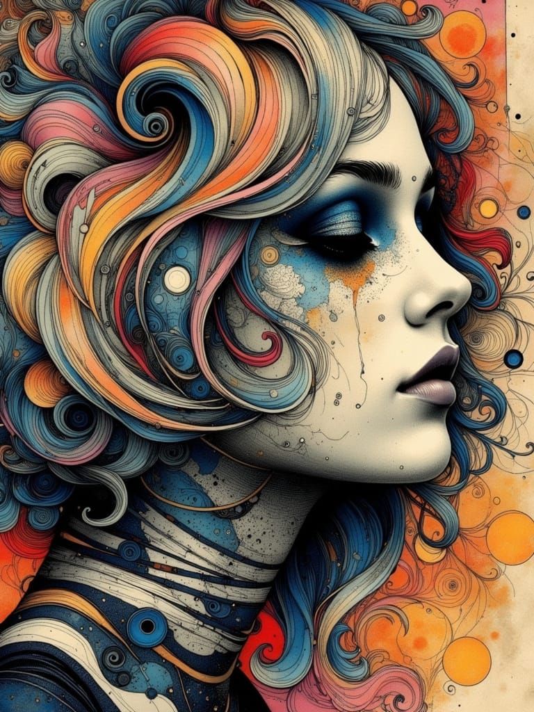 Gothic Woman's Portrait in Abstract Mixed Media