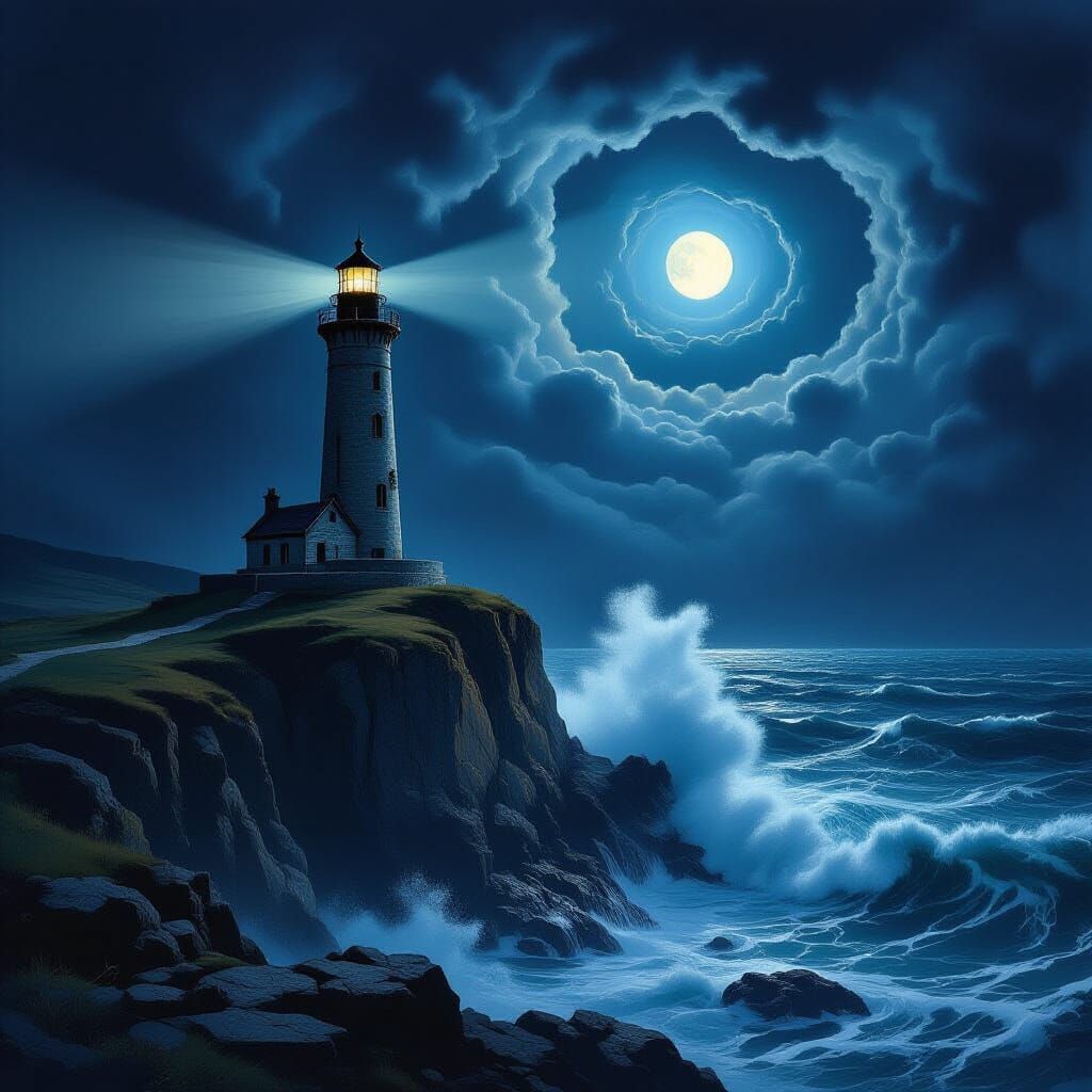 Ancient Lighthouse Beam Cuts Through Stormy Sea