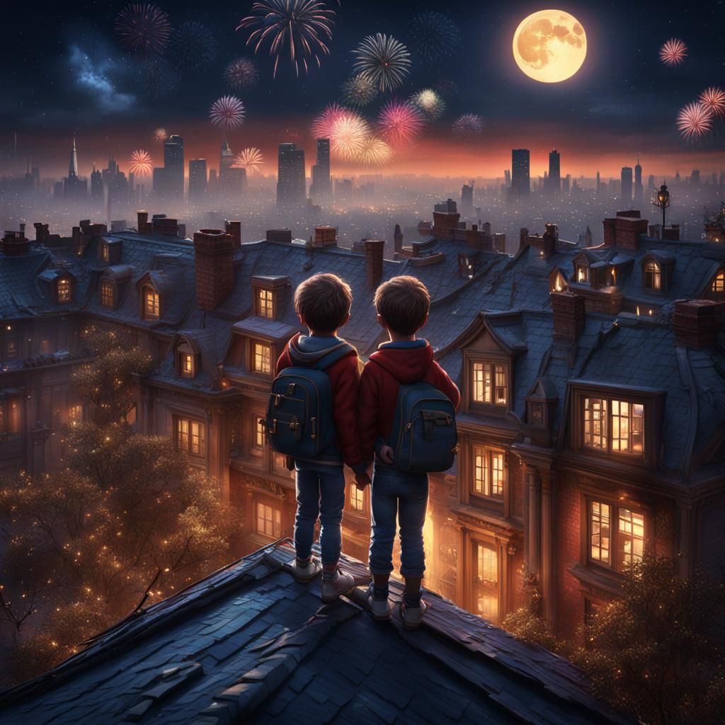 Children Watch Fireworks on Starry Night Roof