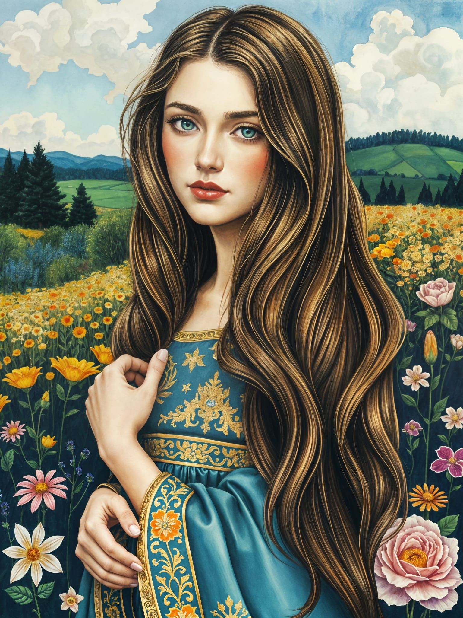 Woman in Garden Portrait with Golden Art Deco Details