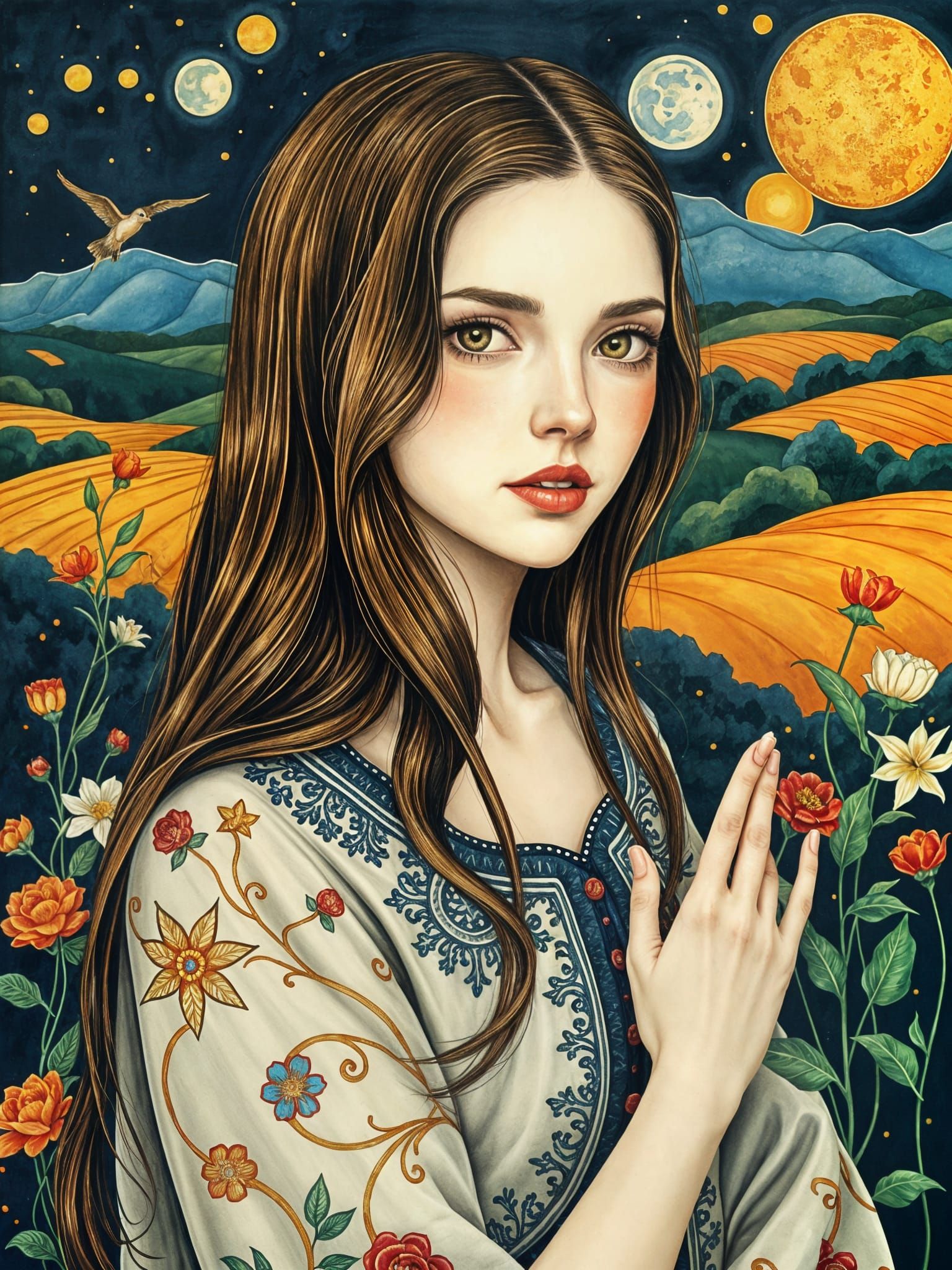 Woman in Garden: Art Deco Watercolor Portrait