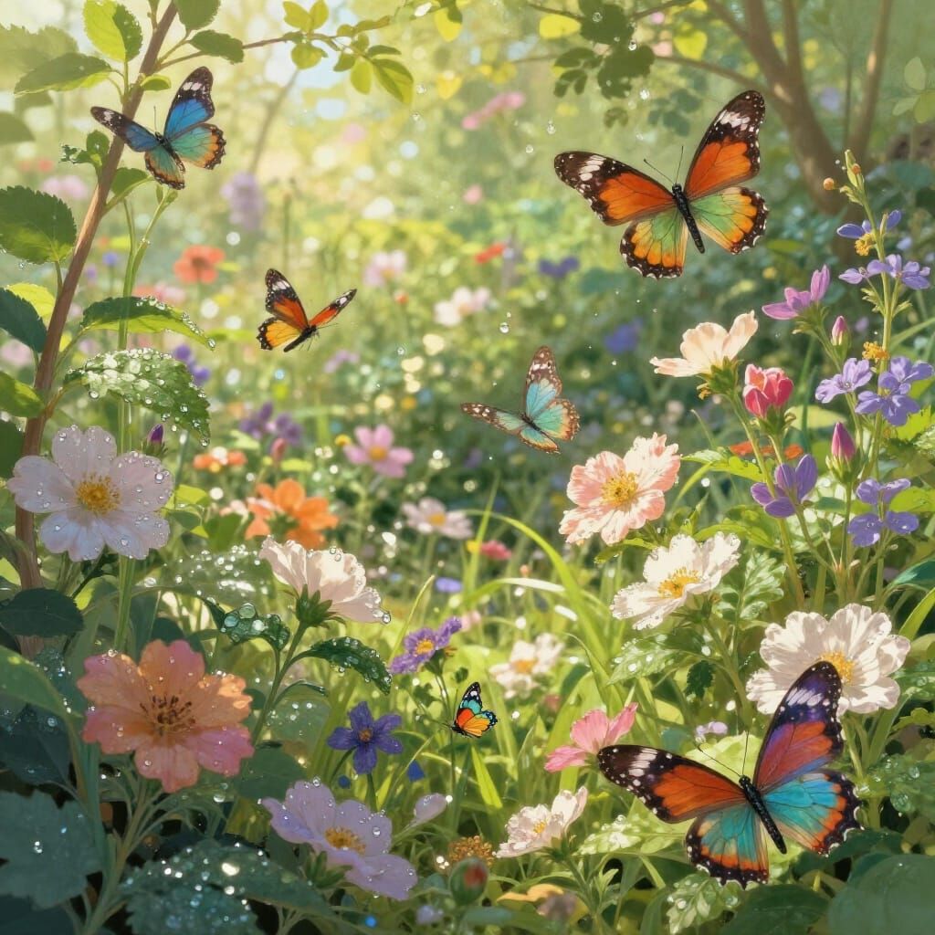 Enchanting Garden Illustration with Butterflies