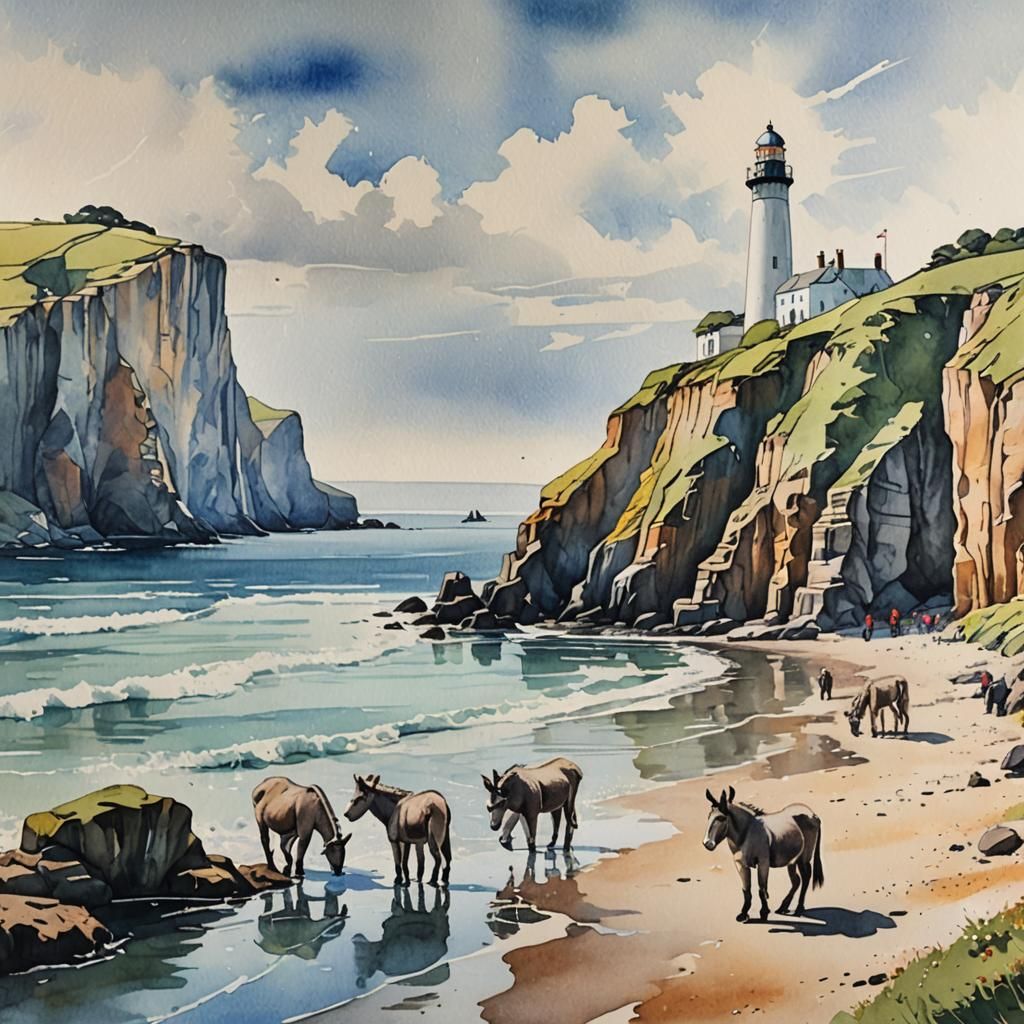 Art Deco Beach Scene in Translucent Watercolor