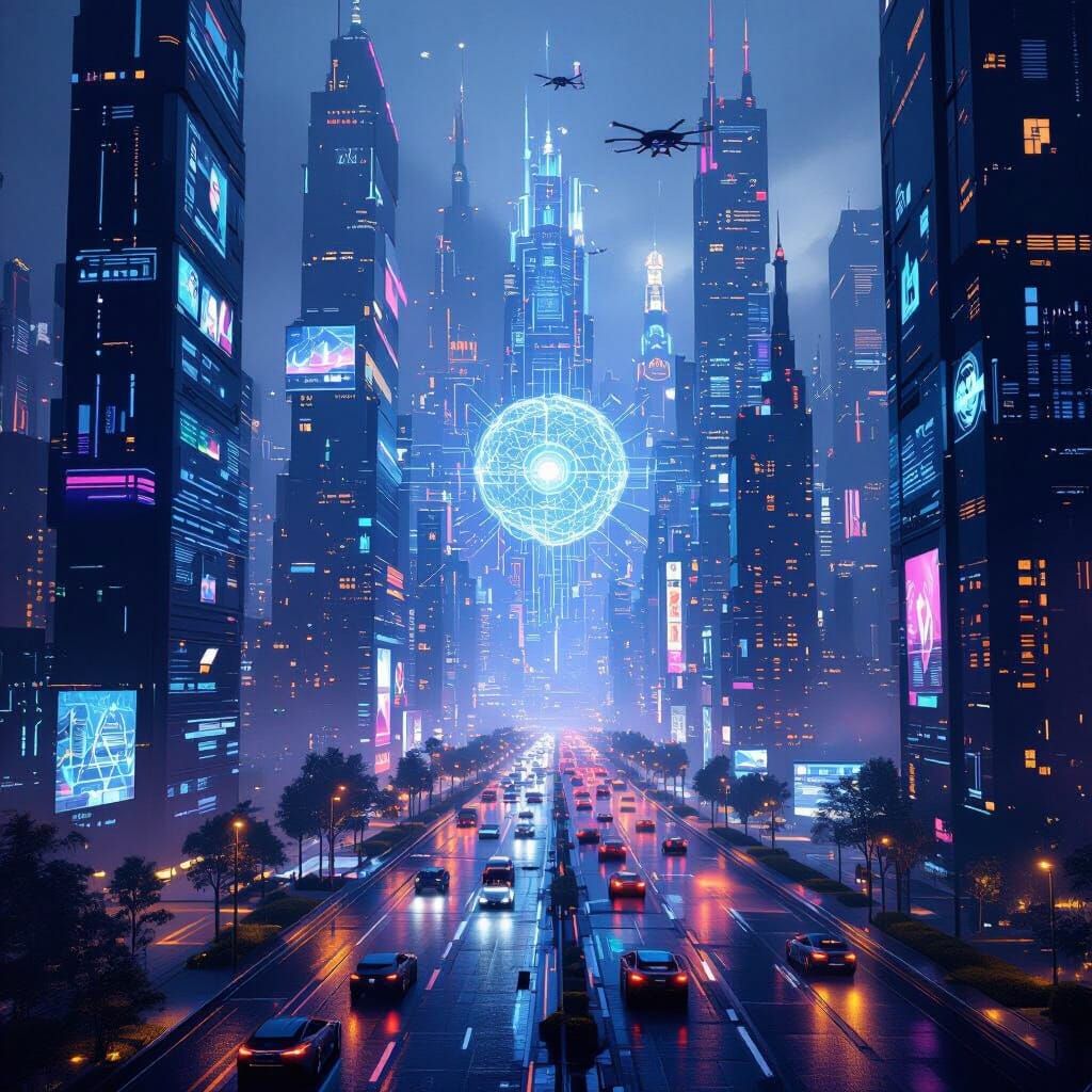 Futuristic AI Smart City At Night With Holographic Brain