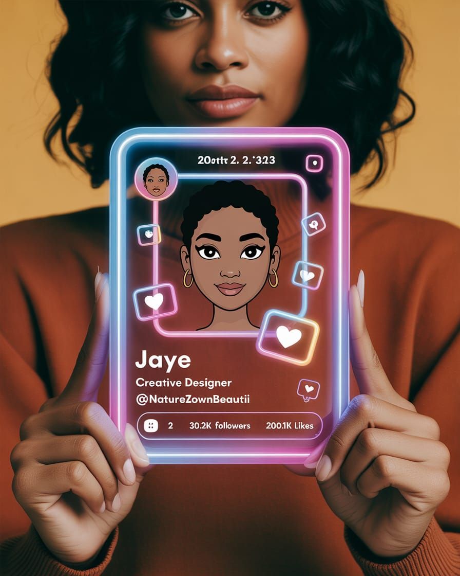 Woman Holding Glowing Profile Card in 3D Style