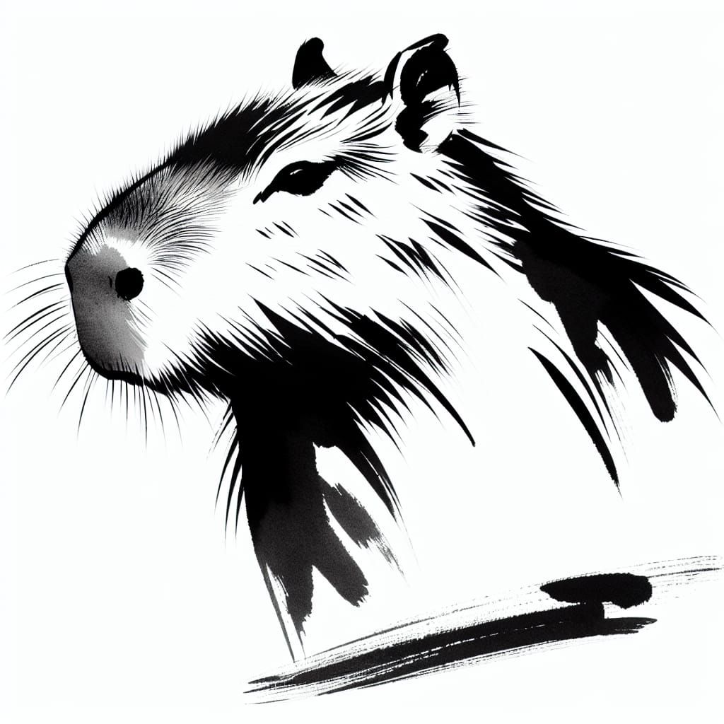 Serene Capybara in Traditional Japanese Sumi-e Style