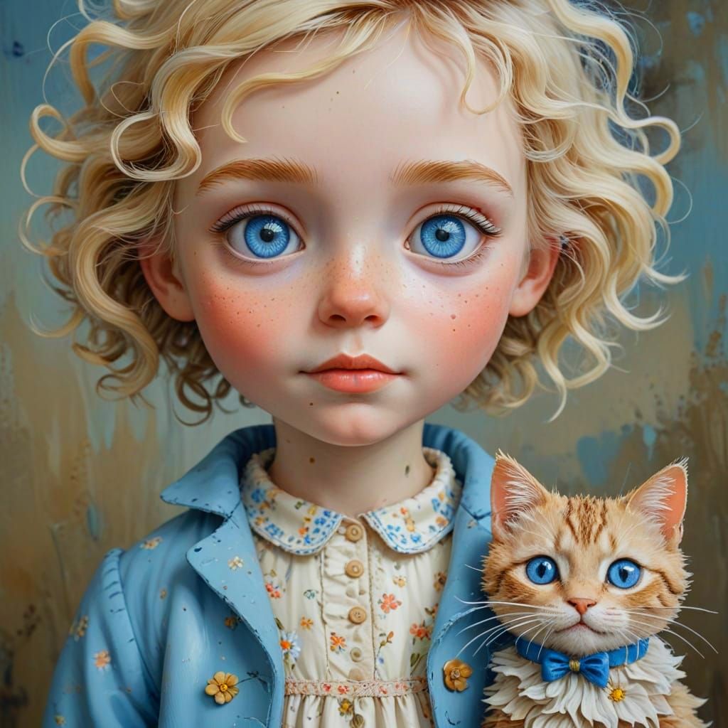 in the style of Quentin Blake, blue eyes close up of a littl...