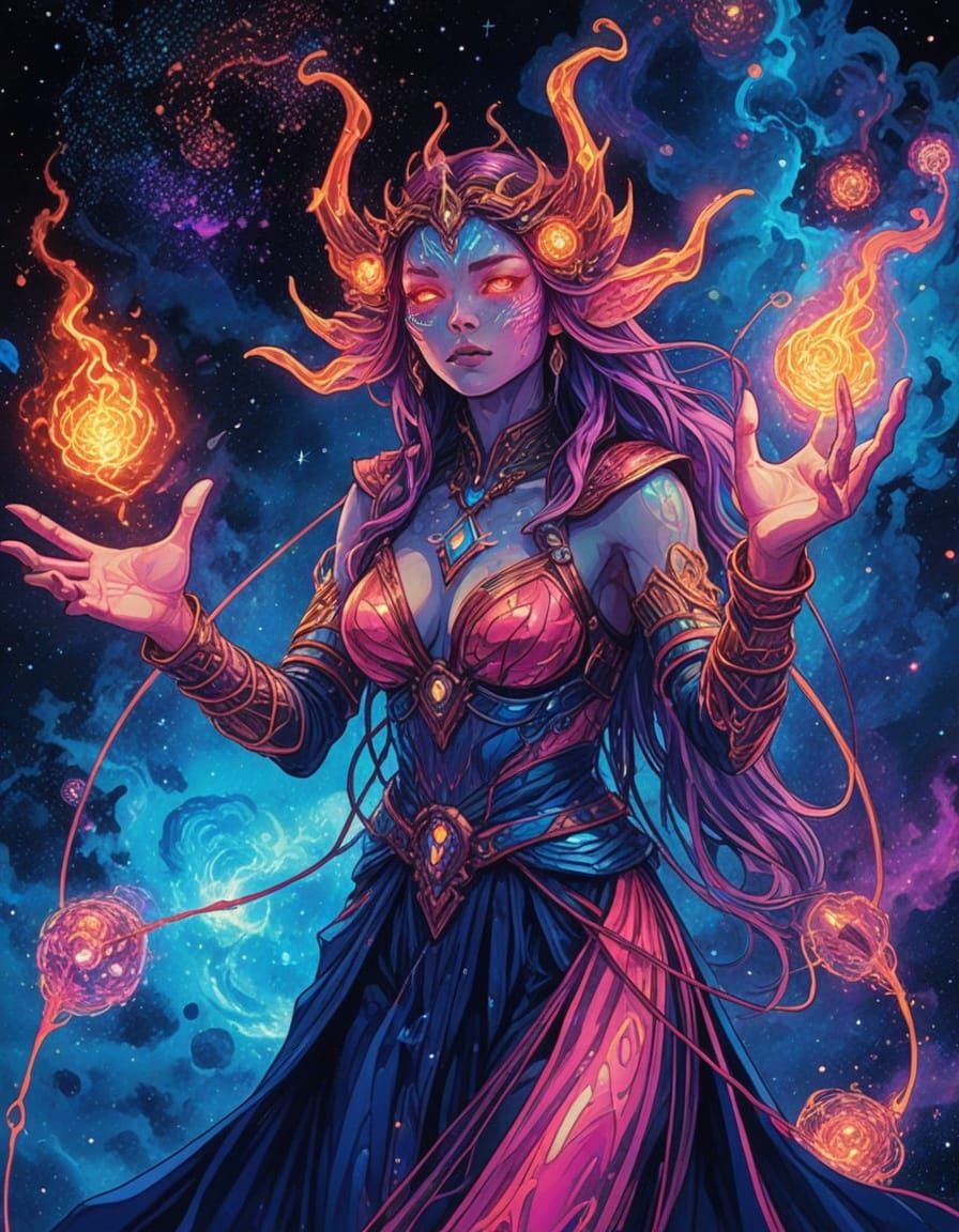 Cosmic Sorceress Casts Spells in Psychedelic Manga Style