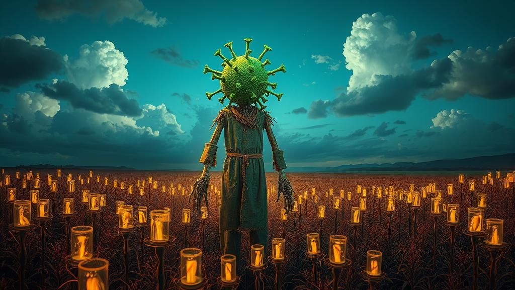 Surreal Scarecrow with Coronavirus Head in Test Tube Field