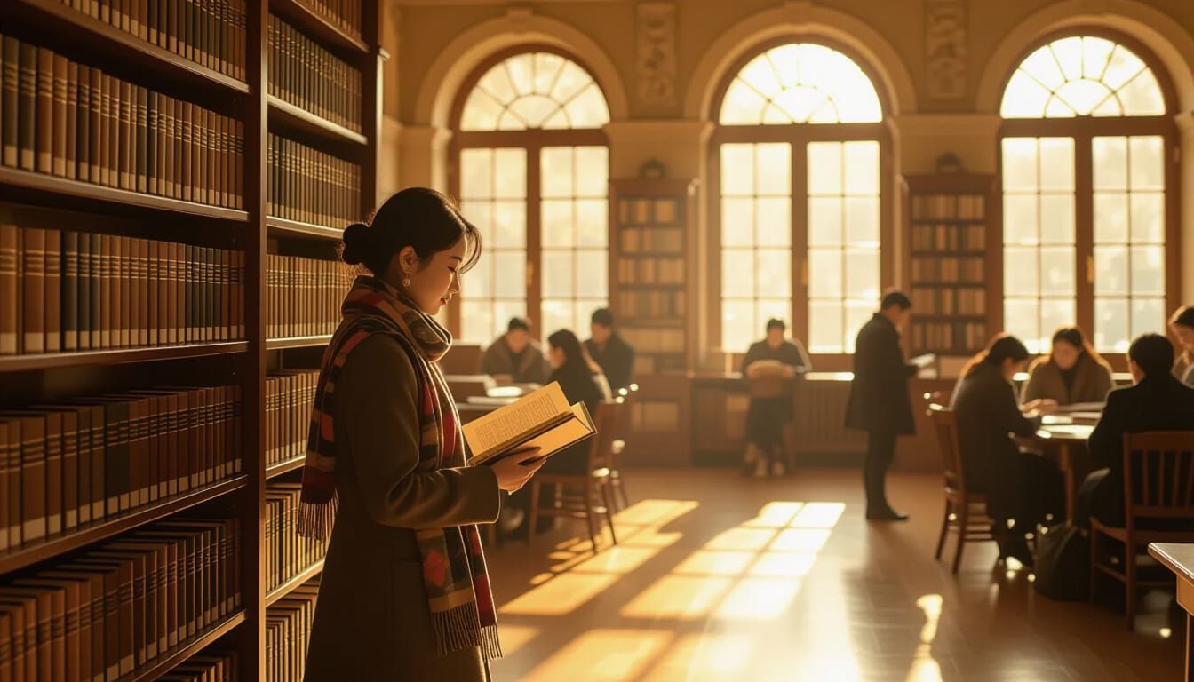 Korean Woman Browses Book in Sunlit Library
