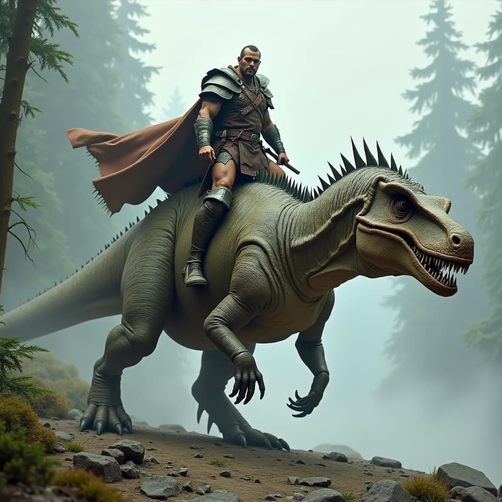 Armored Dinosaur and Warrior in Ancient Forest