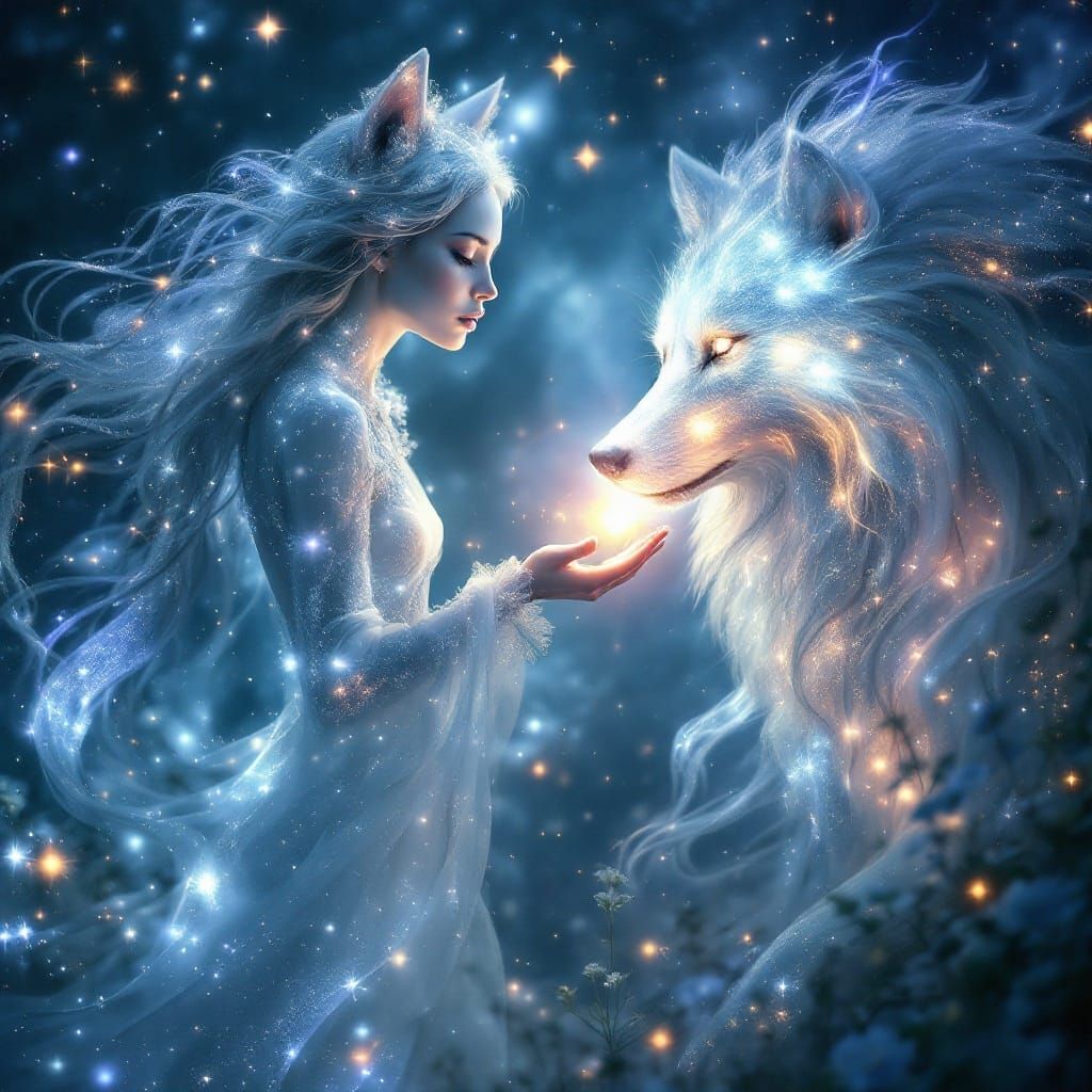 Celestial Humanoid and Wolf Spirit in Cosmic Meadow