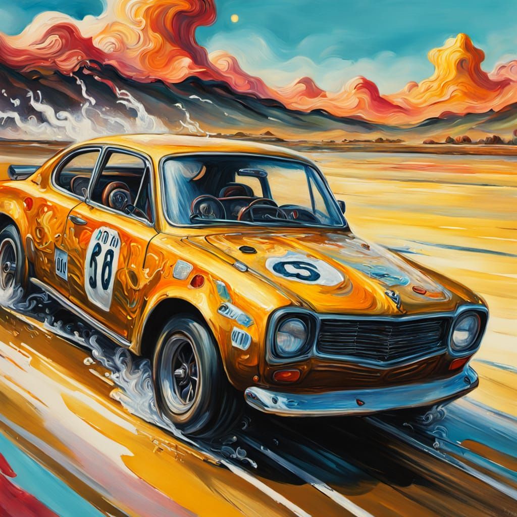 Surreal Car Race in Impasto Gouache Style