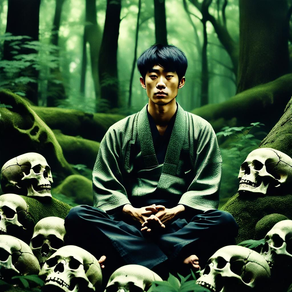 Meditating Man in Forest of Skulls: Vintage Photo