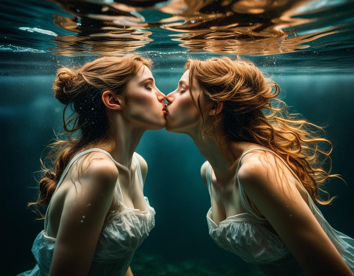 Underwater Kiss: An Elegant and Detailed Oil Painting