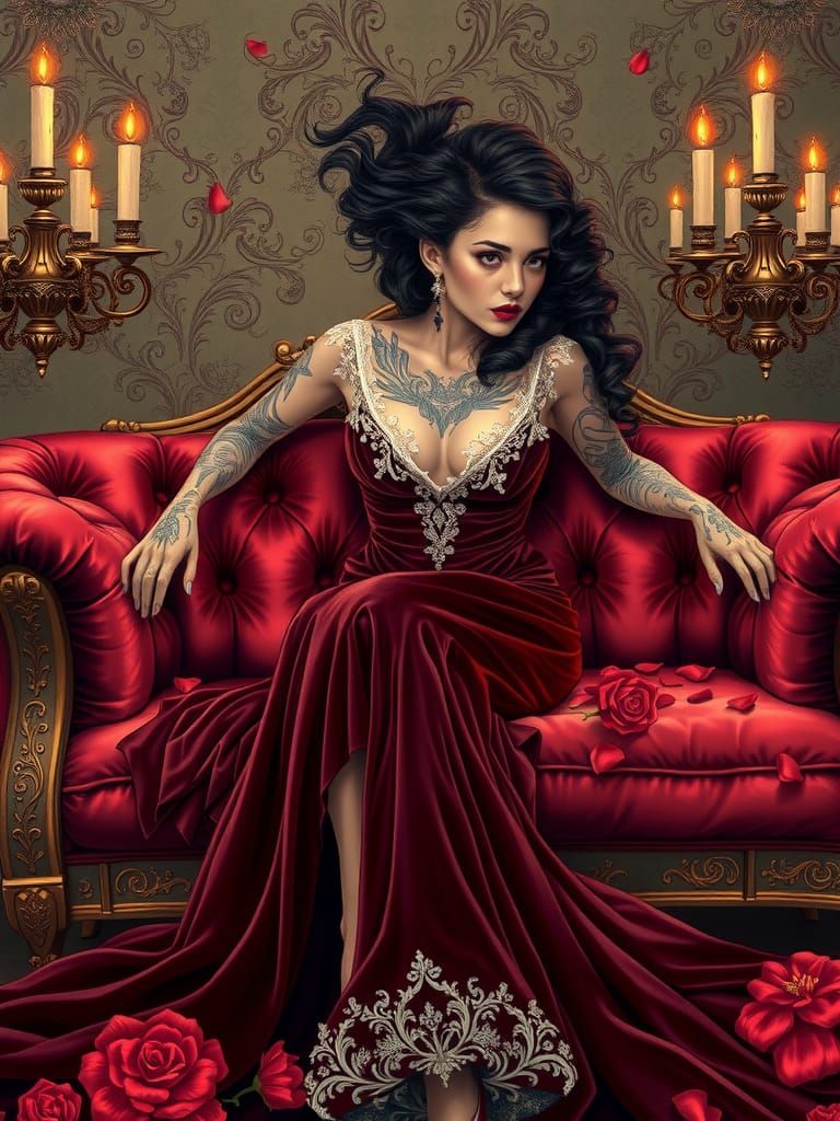 Baroque Woman with Tattoos in Pop-Surrealist Style