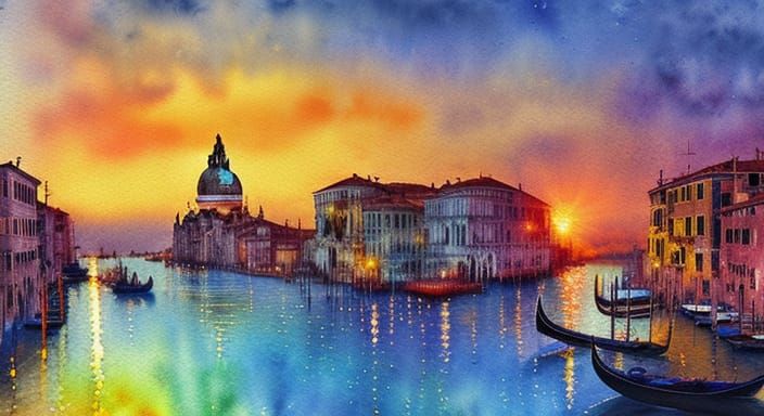 Venice Sunrise: Watercolor Patchwork with Holographic Reflec...