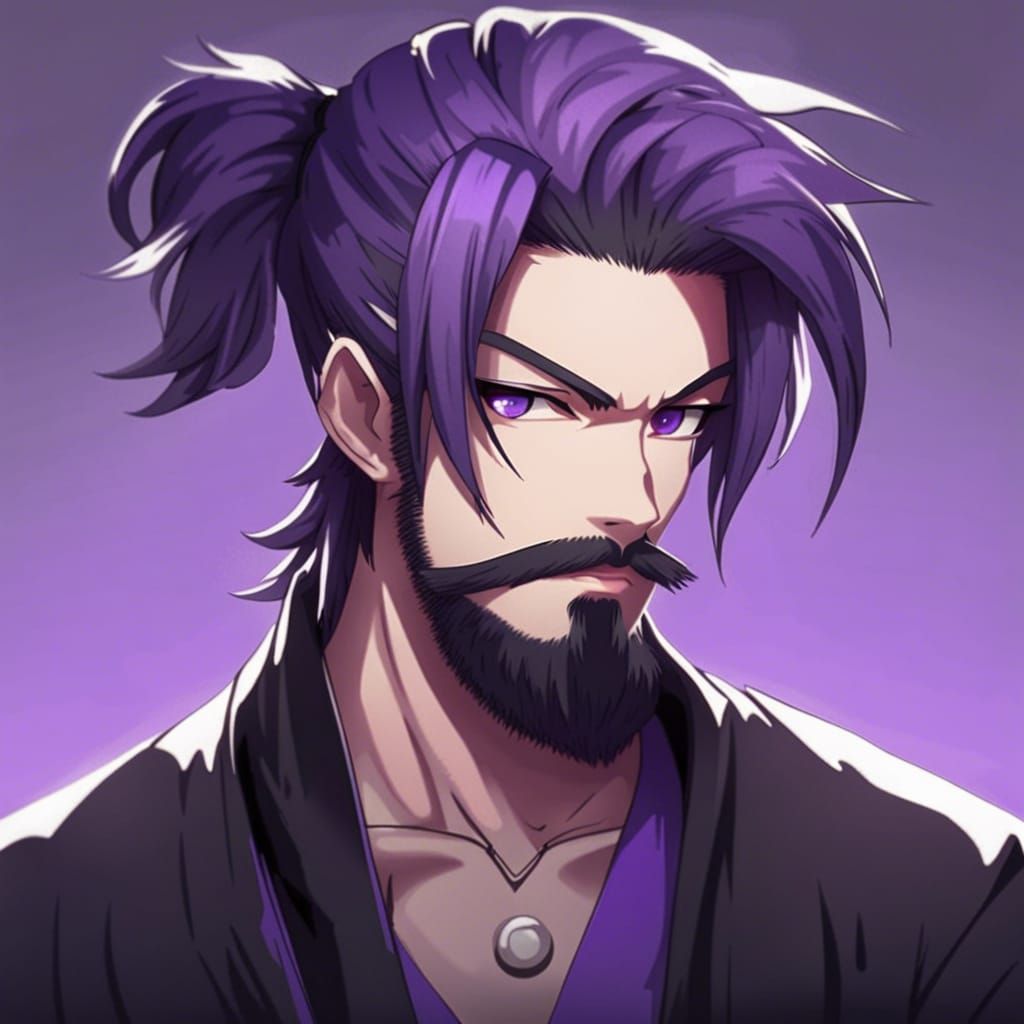 Anime Man with Purple Ponytail and Beard