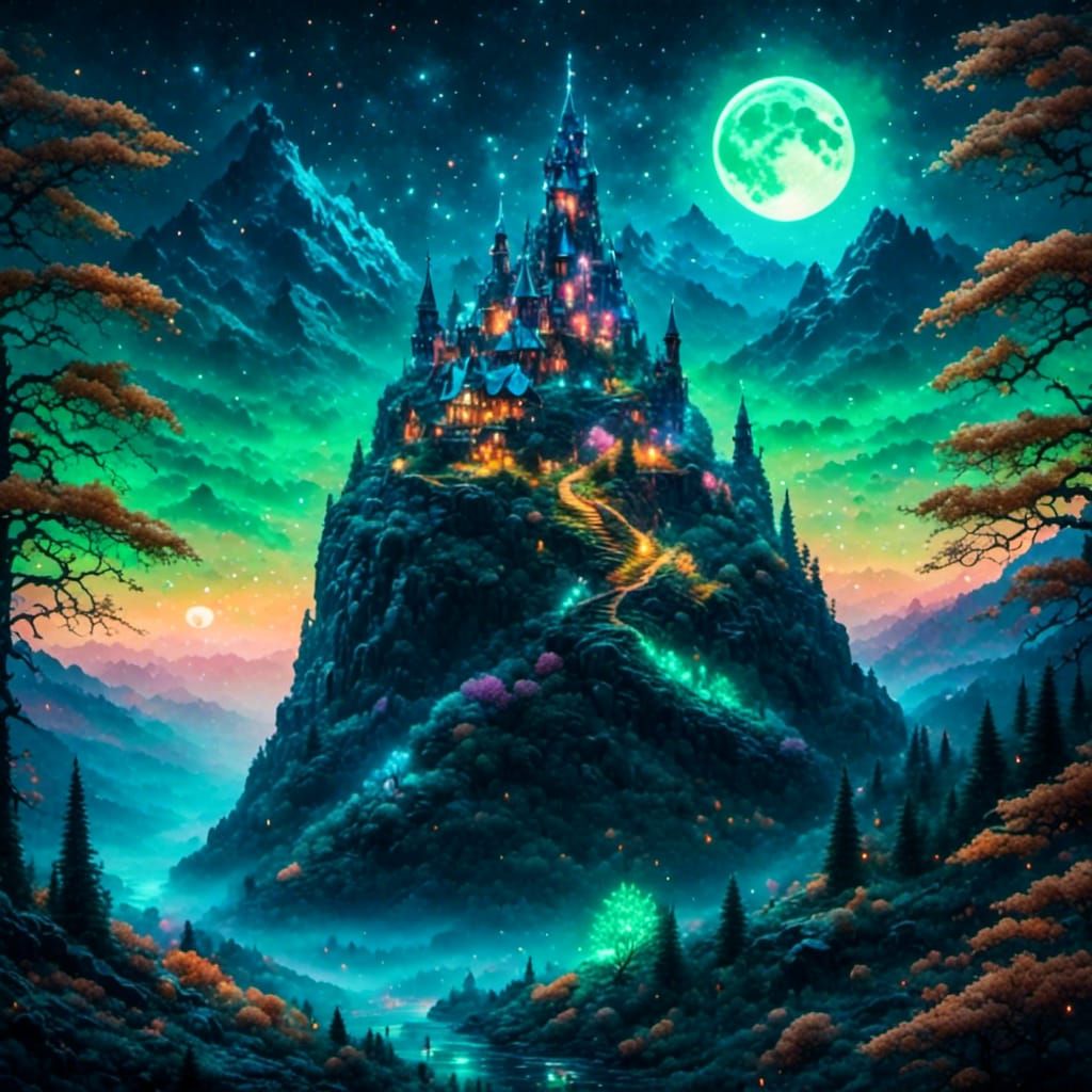 Dragon Circling Castle in Pointillism Style