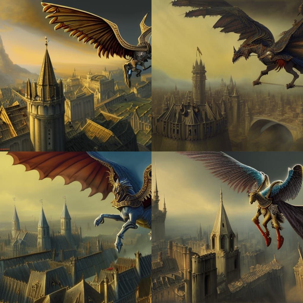 Knight on Gryphon Over Medieval City