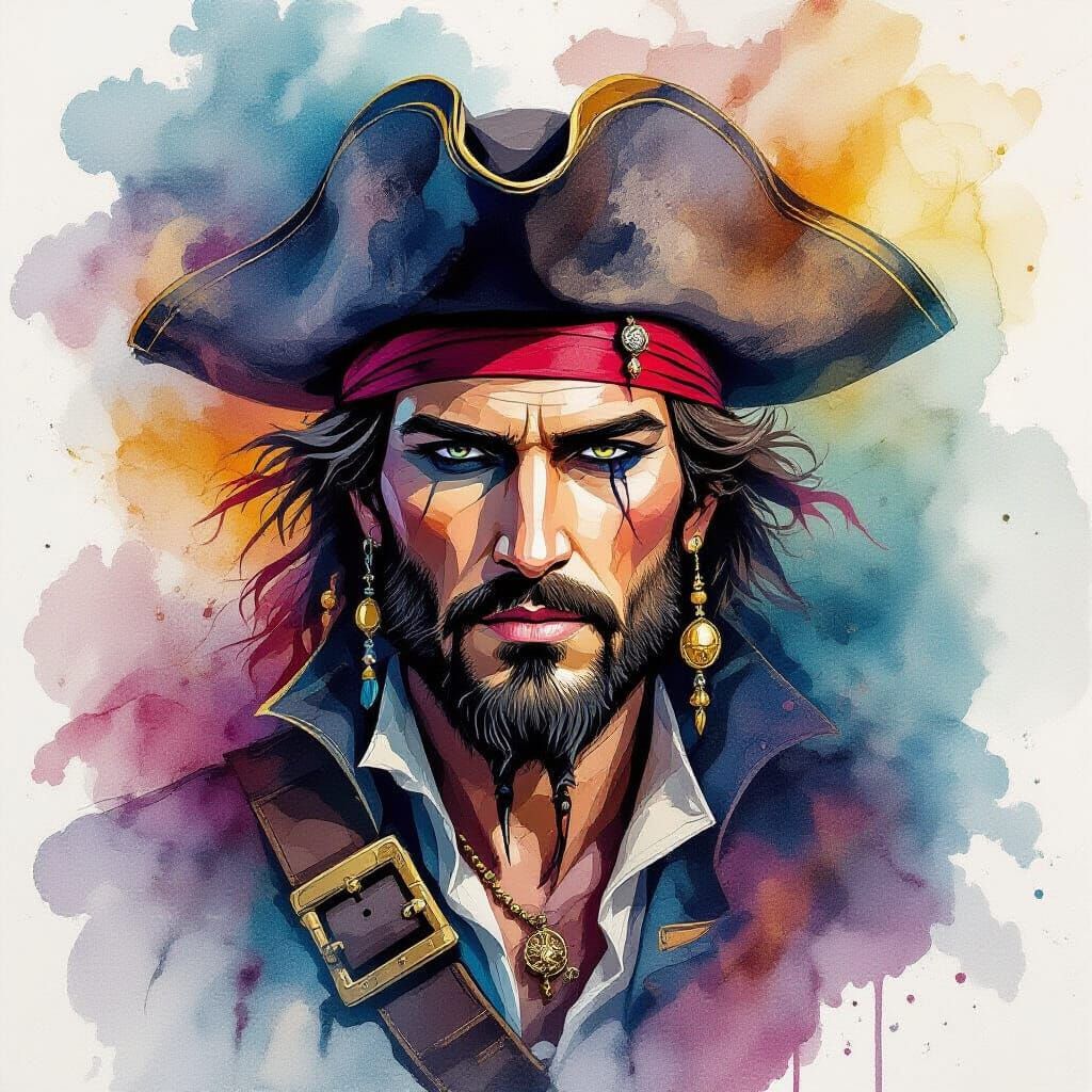alcohol ink painting of a handsome pirate. Intricate, flowin...
