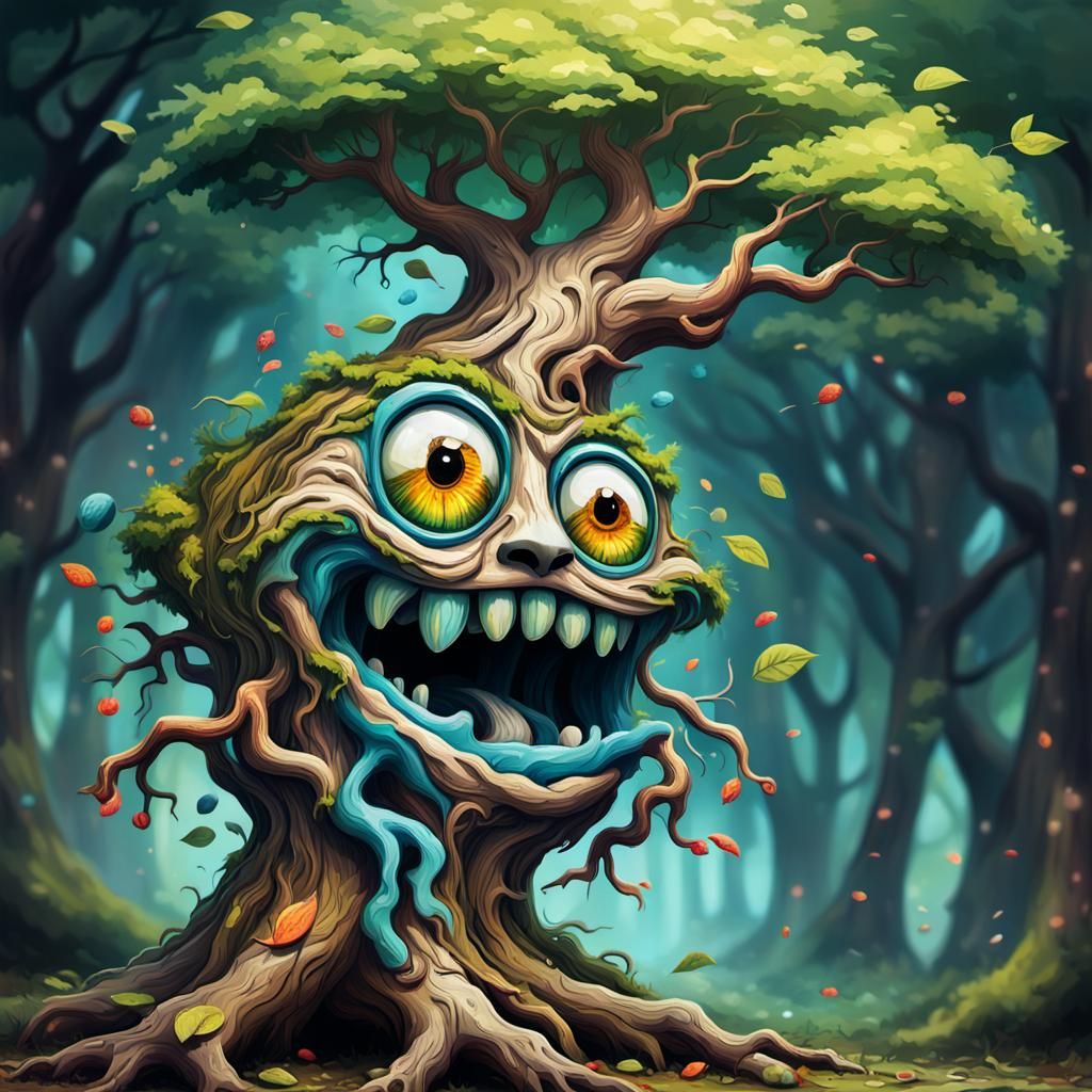 Anthropomorphic Tree Graffiti Art in Forest