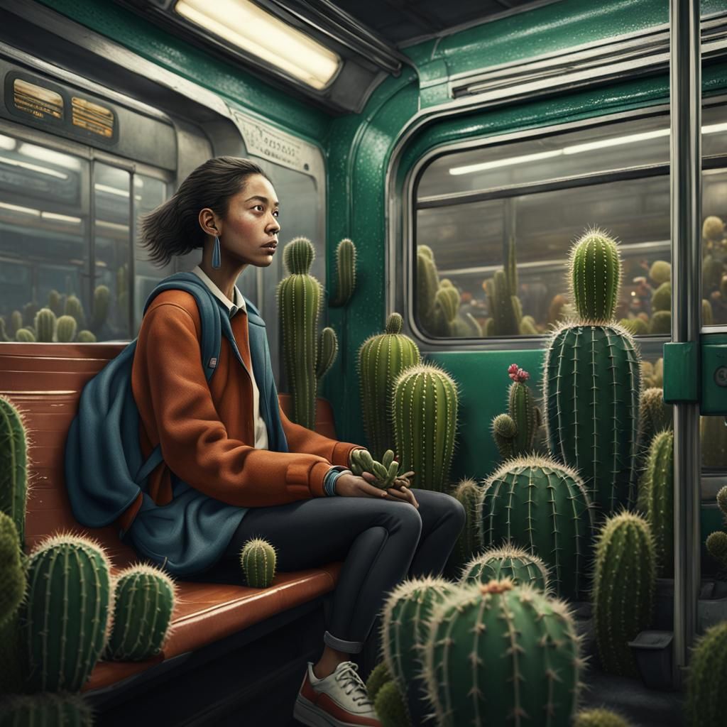 Woman with Cactus on Subway Train