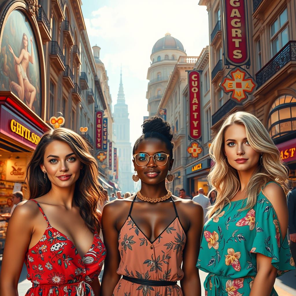 Sun-Kissed City Scene with Three Women in Vibrant Clothing