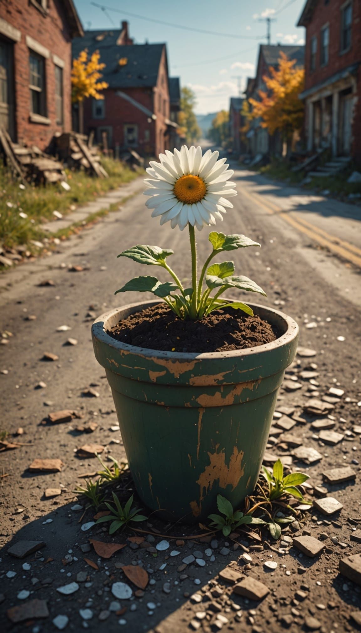 Surreal Daisy Blooms in Abandoned Town, Sci-Fi Art