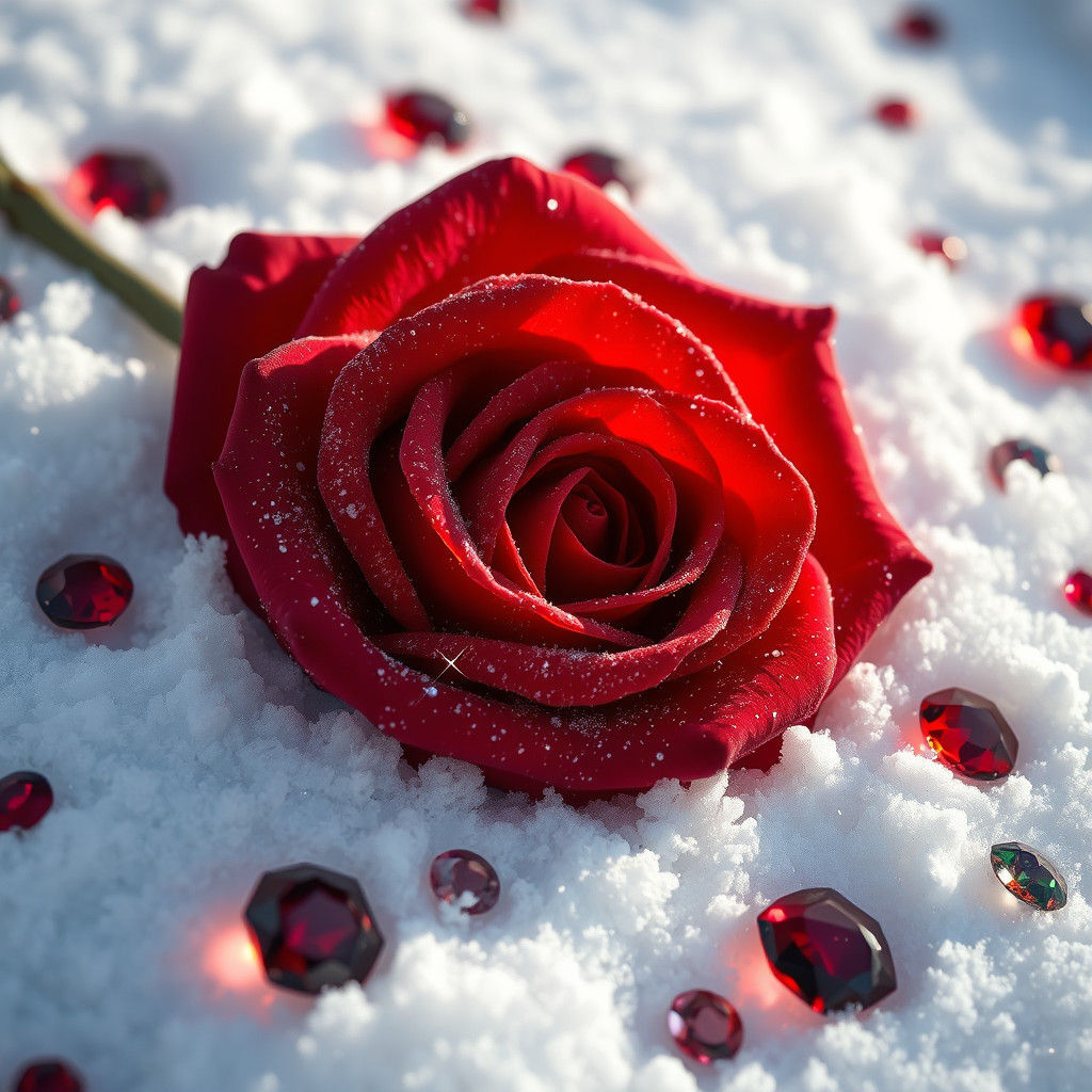 Gems and Glitter Adorn a Red Rose on Snow