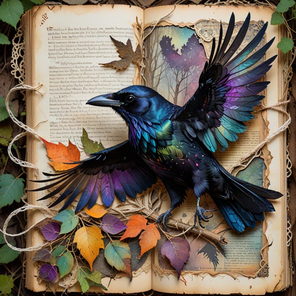 Ethereal Raven Emerges from Vintage Page