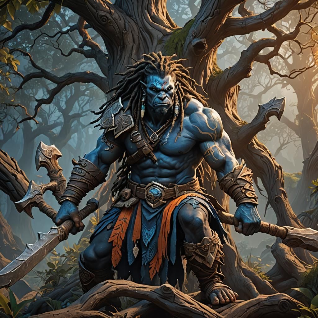 Blue Half-Orc Barbarian in Fantasy Art Nouveau Style