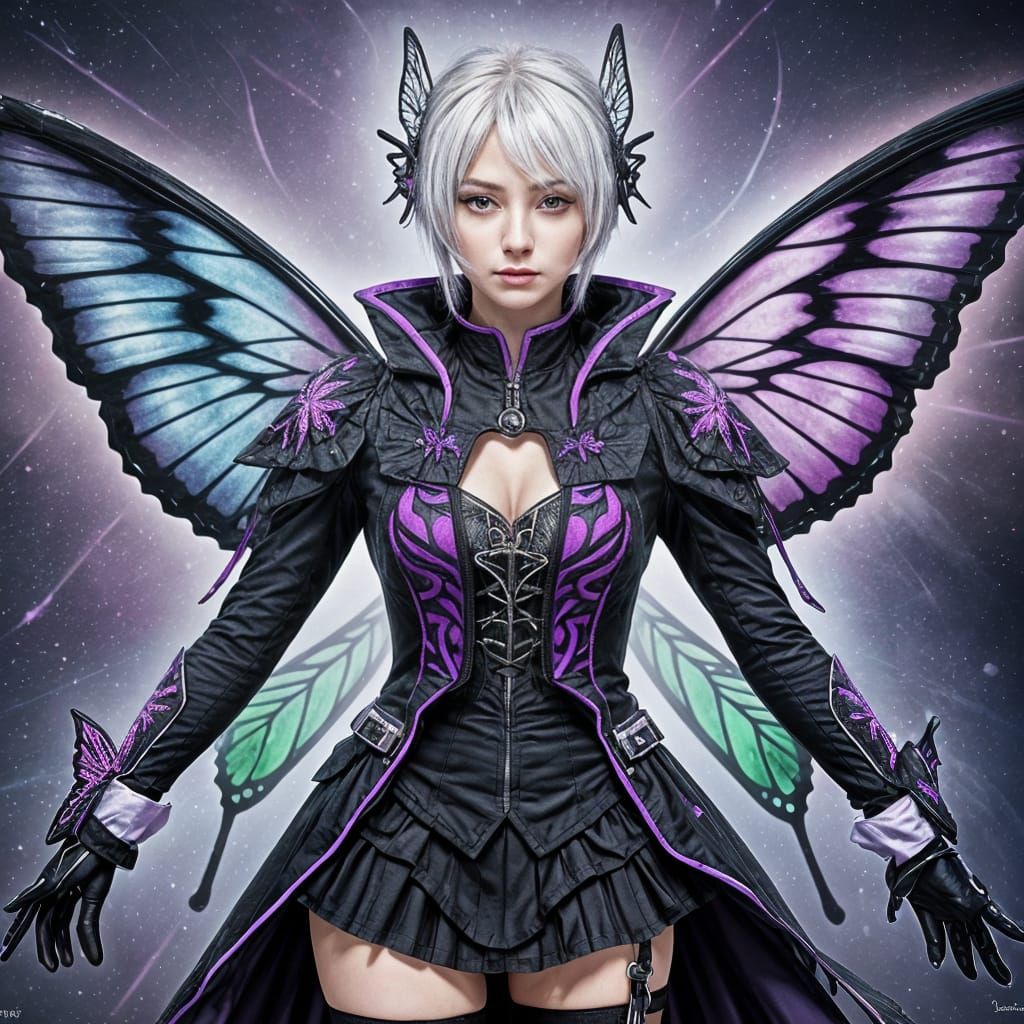 Neon Butterfly Woman in Anime Style