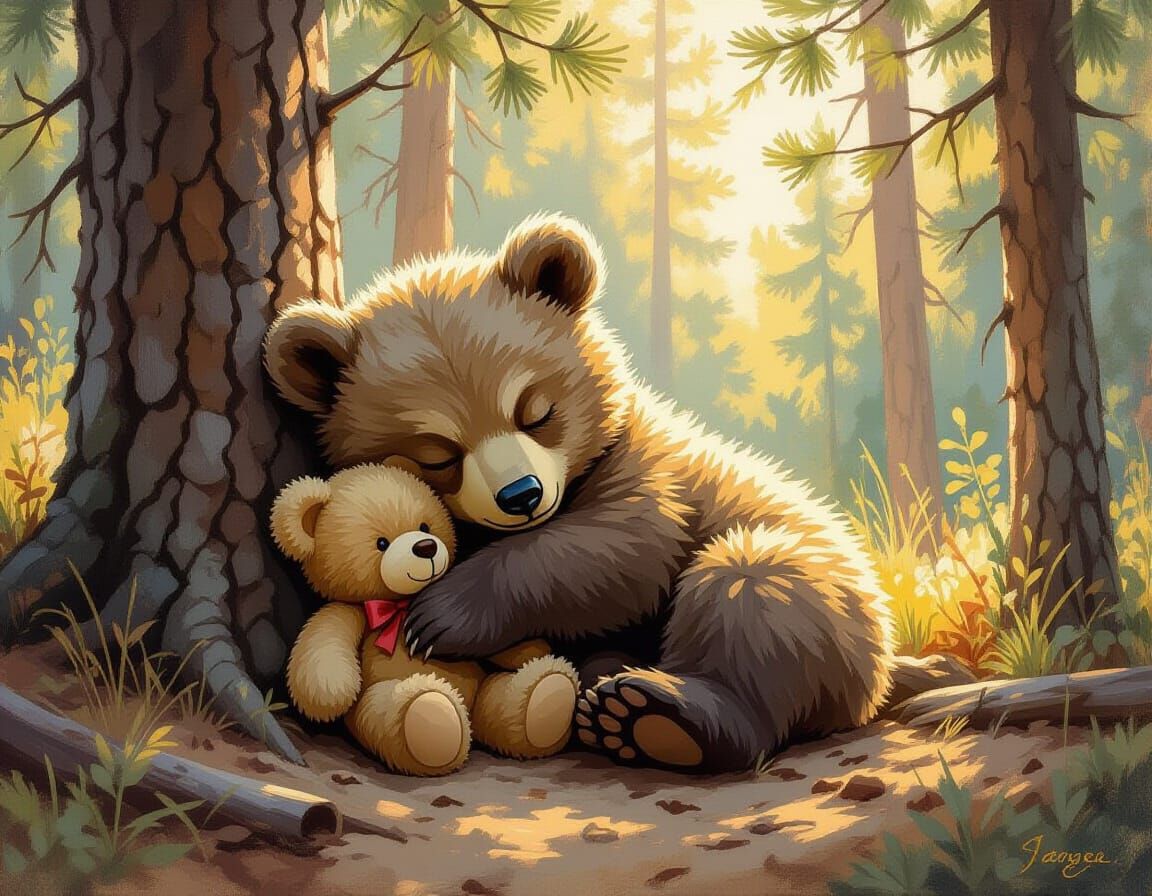 Bear cub sleeping with a small worn out forgotten teddy bear...