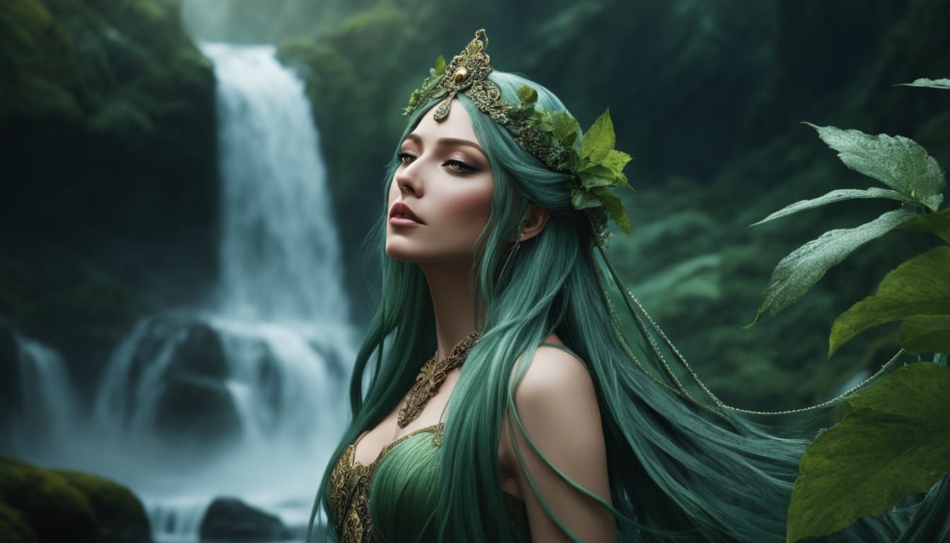 Mystical Forest Nymph in Waterfall Attire, in Art Nouveau St...