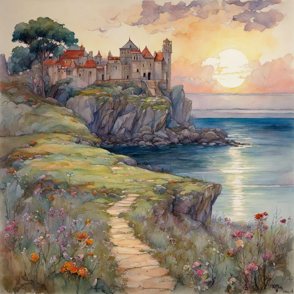 Whimsical Watercolor Castle at Dawn