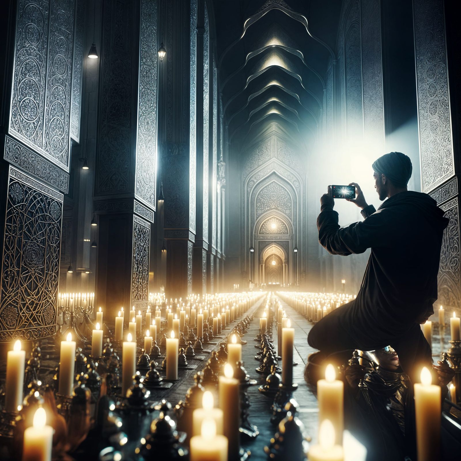 Dramatic Sci-Fi Scene: Mosque Lit by Candles in 8K