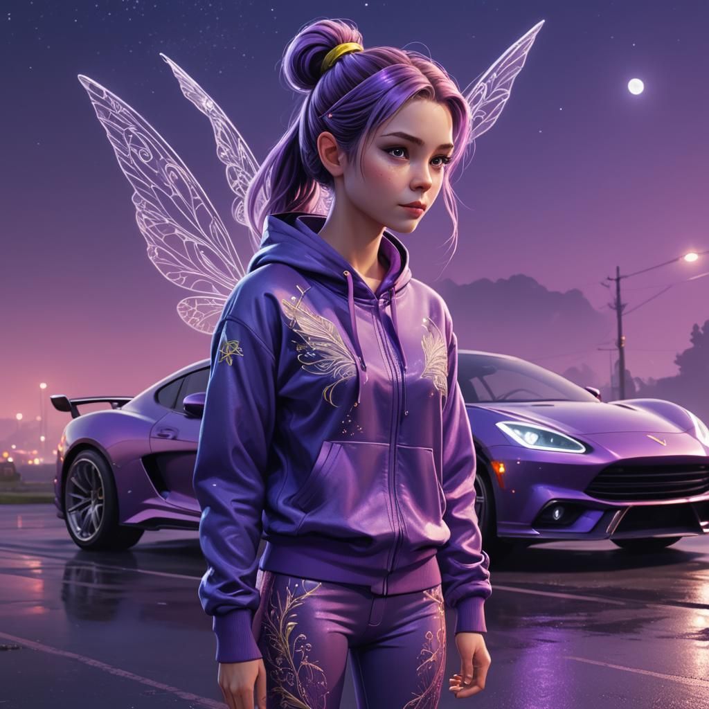 Fairy in Purple Hoodie with Sports Car