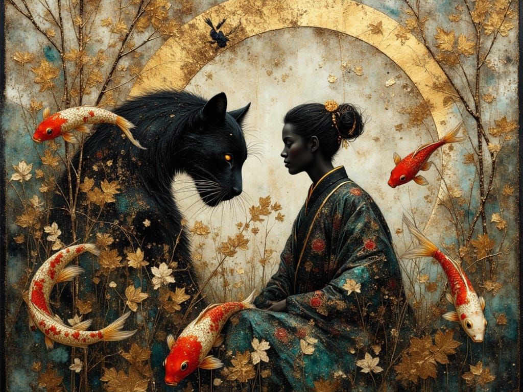 Japanese Prince Silhouette with Jaguar and Koi