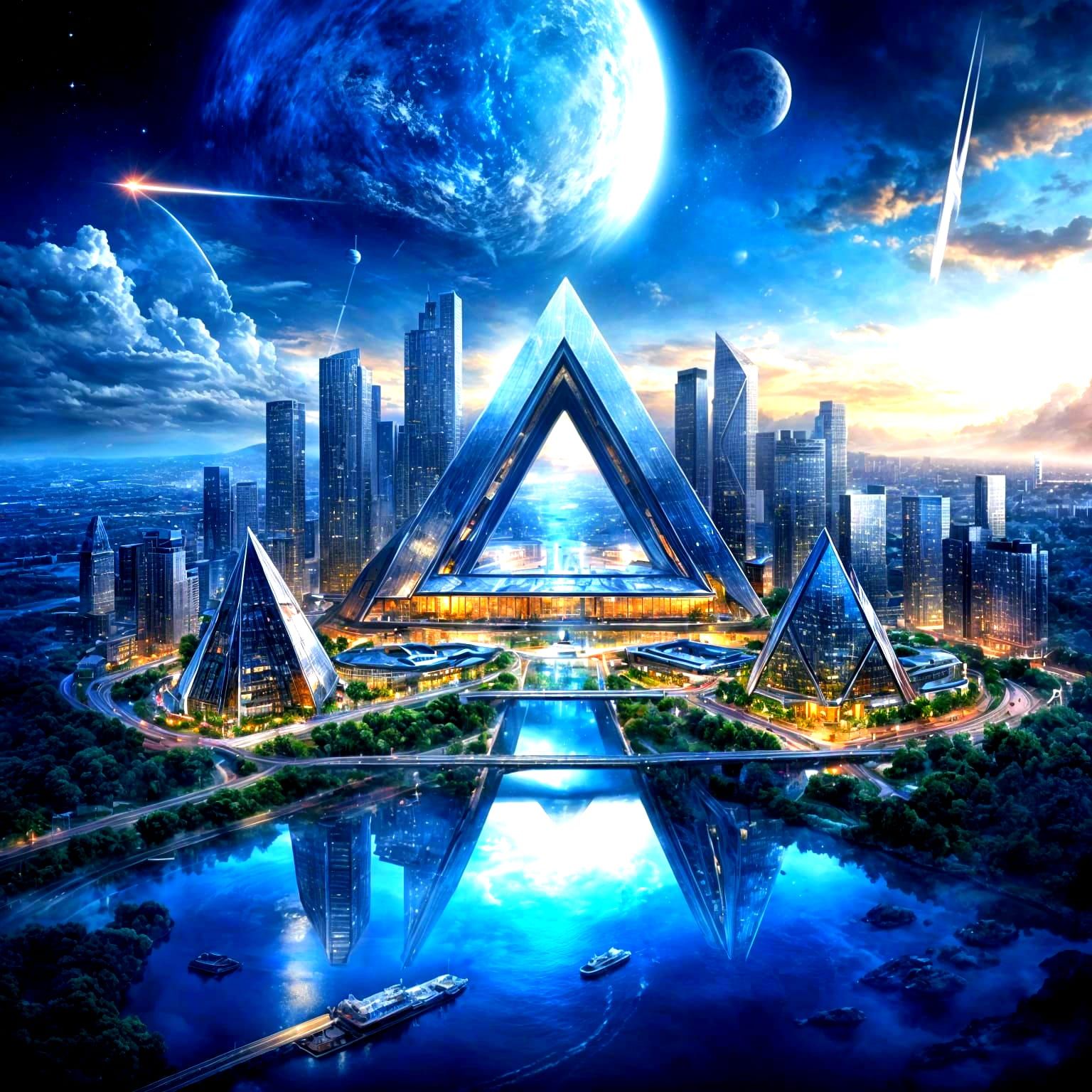 Detailed Cosmic Cityscape With Triangular Buildings