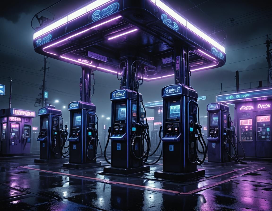 Biomechanical Gas Station with Neon Alien Symbols
