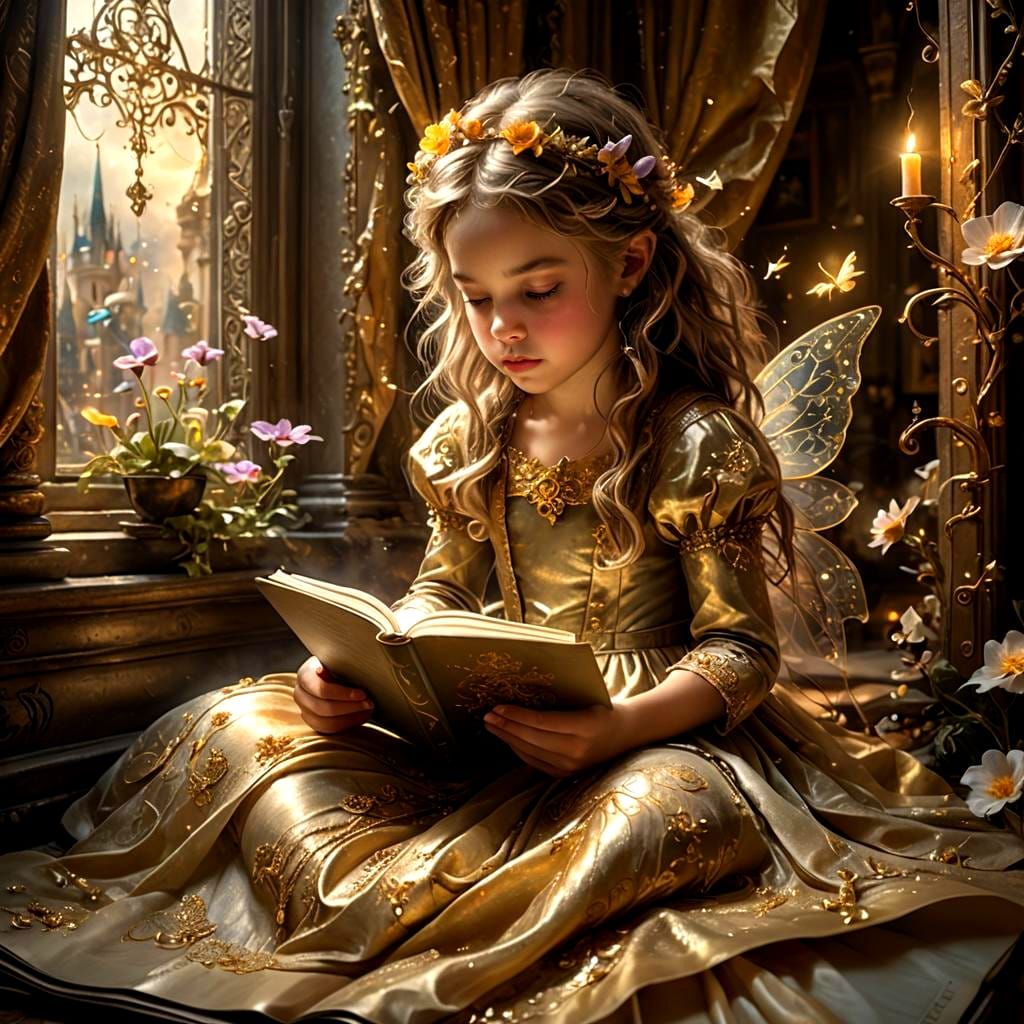 Girl Reading Book with Fairytale Palace