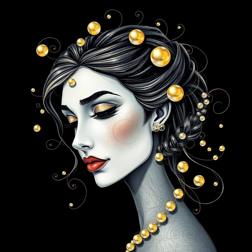 Surreal Girl Drawing with Iridescent Pearls