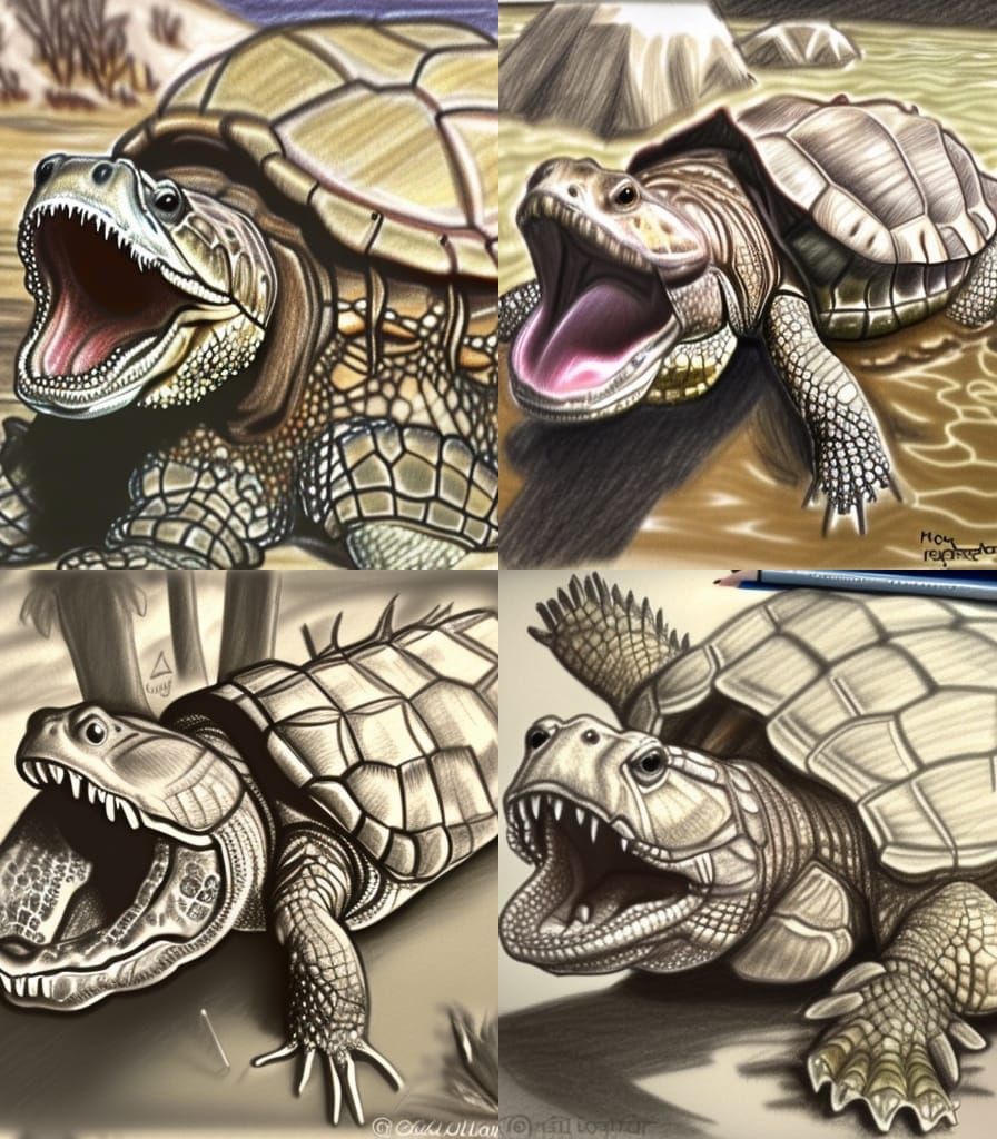 Alligator Snapping Turtle in Pencil Sketch Style